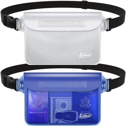 Labeol 2 Pack Waterproof Fanny Pack Waterproof Pouch with Waist Strap Fanny Pack to Keep Phone and Valuables Dry for Swimming Kayaking Boating Snorkeling (Clear+Blue)