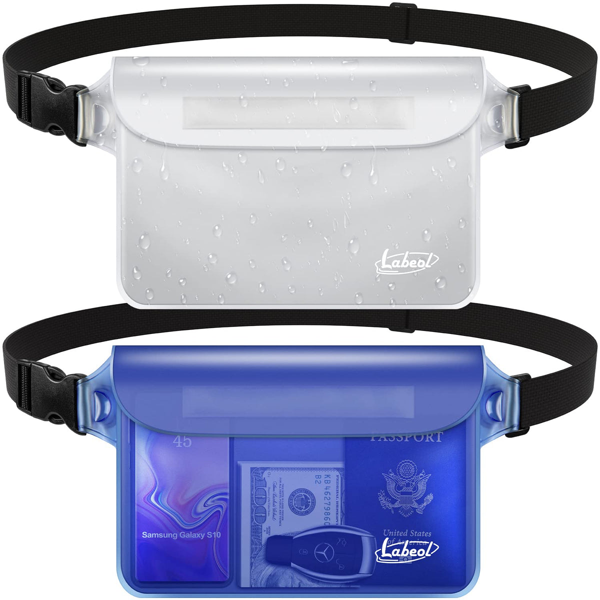 Labeol 2 Pack Waterproof Fanny Pack Waterproof Pouch with Waist Strap Fanny Pack to Keep Phone and Valuables Dry for Swimming Kayaking Boating Snorkeling (Clear+Blue)